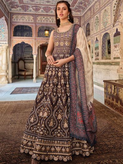 Captivating Brown Digital Printed Silk Reception Wear Gown