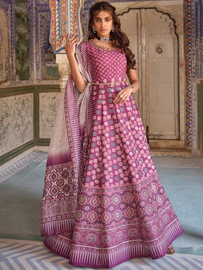 Charming Purple Swarovski Work Silk Sangeet Wear Gown