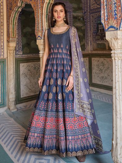 Lovely Blue Swarovski Work Silk Readymade Gown With Dupatta