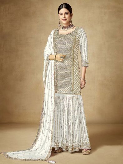 Beautiful White Sequins Chinon Sharara Suit With Dupatta