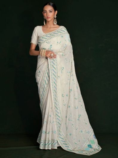 Impressive White Lucknowi Work Georgette Event Wear Saree With Blouse