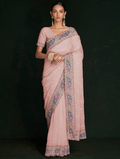 Fabulous Peach Lucknowi Georgette Event Wear Saree With Blouse