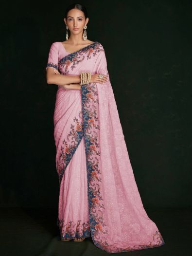 Astonishing Pink Lucknowi Work Georgette Event Wear Saree With Blouse