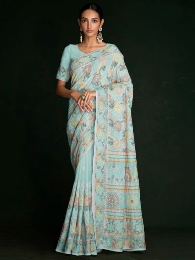 Awesome Turquoise Lucknowi Georgette Festival Wear Saree With Blouse