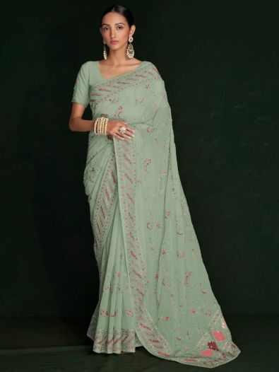 Incredible Pista Green Lucknowi Work Georgette Saree With Blouse