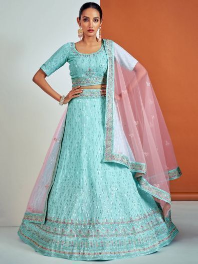 Adorable Turquoise Sequins Georgette Wedding Wear Lehenga Choli