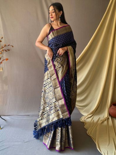 Impressive Navy Blue Zari Woven Silk Festival Wear Saree With Blouse