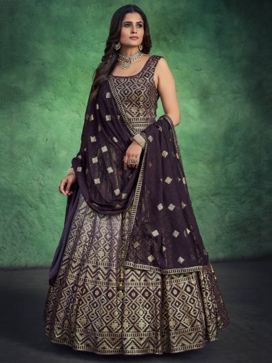 Stunning Purple Sequins Georgette Readymade Gown With Dupatta 