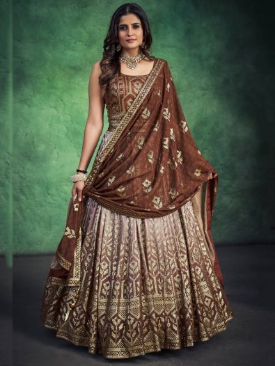Fetching Brown Sequins Georgette Readymade Wedding Wear Gown 