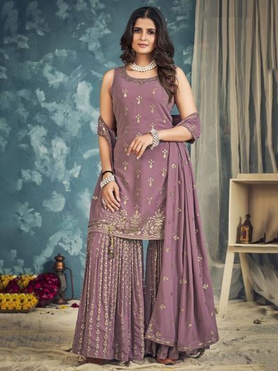 Captivating Purple Sequins Georgette Wedding Wear Sharara Suit