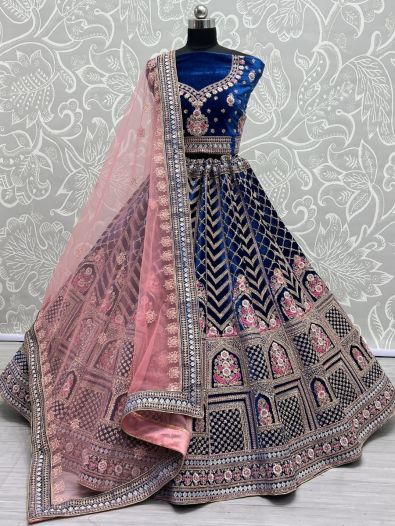 Enticing Blue Dori Work Velvet Bridal Lehenga Choli With Dupatta