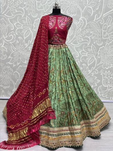 Beautiful Green Floral Printed Silk Sangeet Wear Lehenga Choli