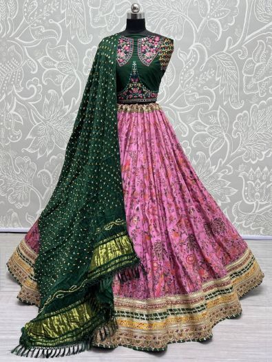 Enticing Pink Floral Printed Silk Lehenga Choli With Bandhani Dupatta