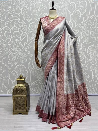 Magnificent Grey Zari Woven Kanjivaram Silk Designer Saree With Blouse