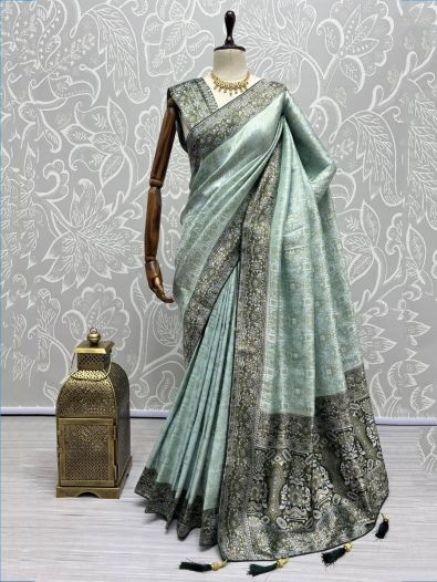 Sumptuous Sky-Blue Zari Weaving Kanjivaram Silk Saree With Blouse