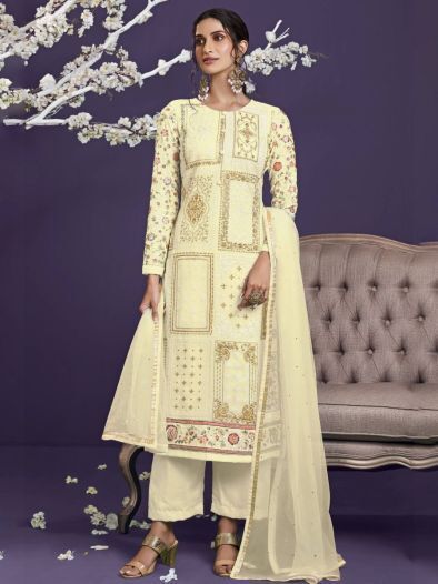 Superior Yellow Thread Georgette Festive Wear Salwar Kameez