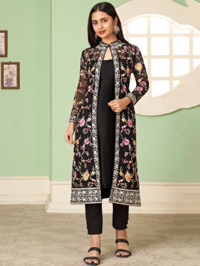 Extraordinary Black Embroidered Georgette Jacket Salwar Suit