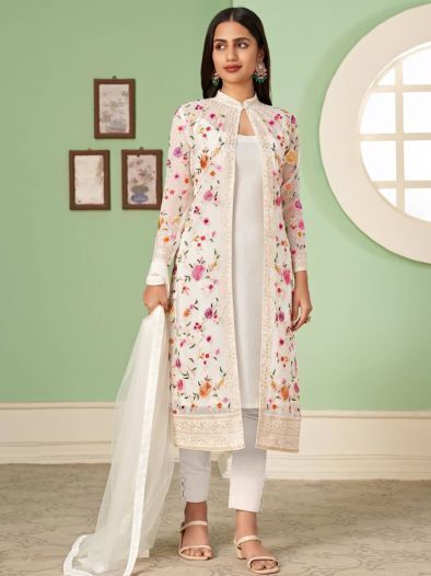 Incredible Off-White Embroidered Georgette Jacket Salwar Suit