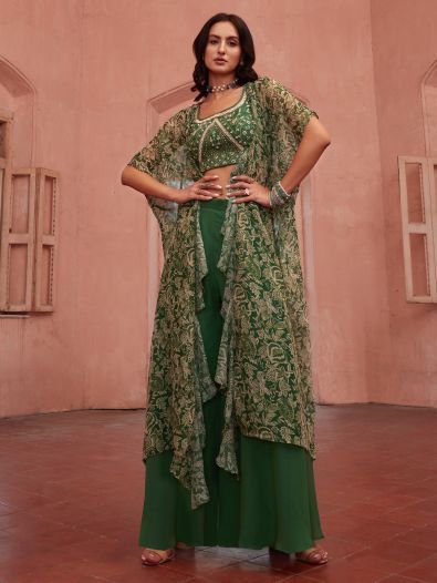 Spectacular Green Embroidered Georgette Party Wear Crop Top Palazzo