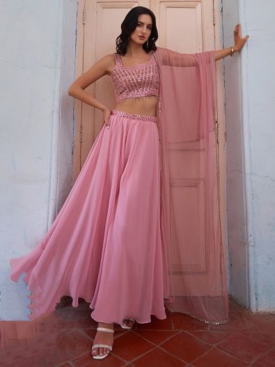 Charming Pink Embroidered Georgette Designer Crop Top Palazzo
