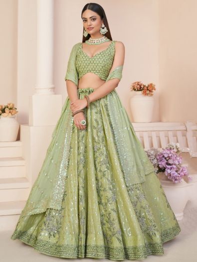 Beautiful Green Sequins Georgette Mehendi Wear Lehenga Choli