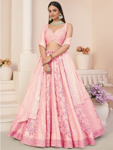 Superb Pink Sequins Georgette Wedding Wear Lehenga Choli