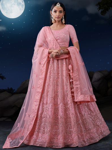 Enticing Pink Sequins Net Wedding Wear Lehenga Choli With Dupatta