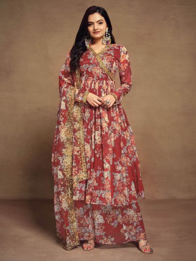 Charming Red Floral Printed Chiffon Festival Wear Palazzo Suit