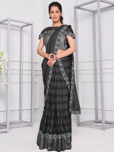 Pretty Black Embroidered Lycra Ready-to-wear Party Saree With Blouse