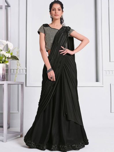 Alluring Black Sequin Lycra Ready-to-wear Cocktail Saree With Blouse