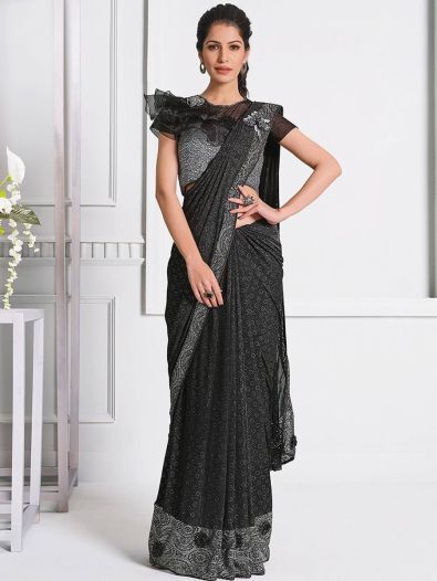 Fabulous Black Sequins Lycra Ready-to-wear Party Saree With Blouse