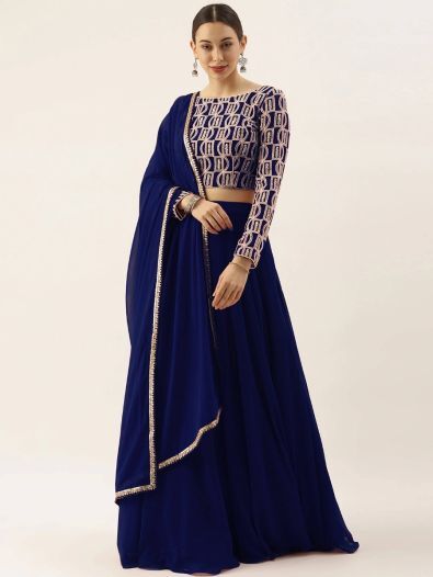 Charming Blue Thread Work Georgette Sangeet Wear Lehenga Choli