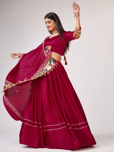 Exquisite Pink Gamthi work Silk Navratri Wear Lehenga Choli