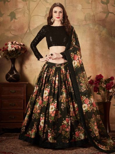 Mesmerizing Black Floral Print Organza Silk Wedding Lehenga Choli