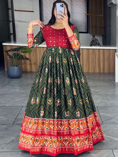 Magnificent Green Bandhani Printed Silk Festive Wear Gown