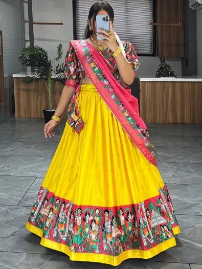 Gorgeous Yellow Kalamkari Printed silk Festive Wear Lehenga Choli