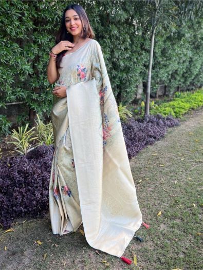 Lovely Off White Floral Printed Banarasi Silk Traditional Saree 