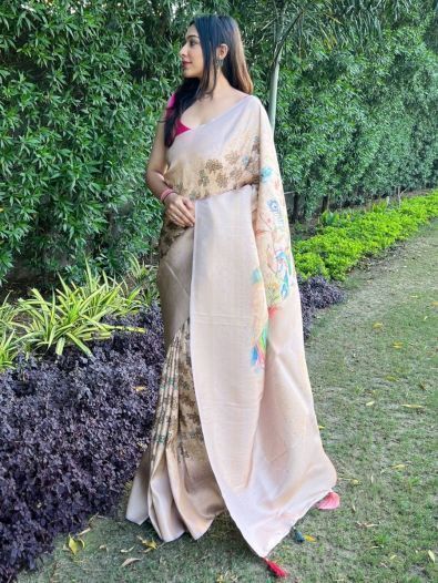 Captivating Cream Floral Printed Banarasi Silk Wedding Wear Saree 