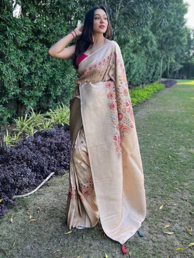 Beautiful Beige Floral Printed Banarasi Silk Event Wear Saree  