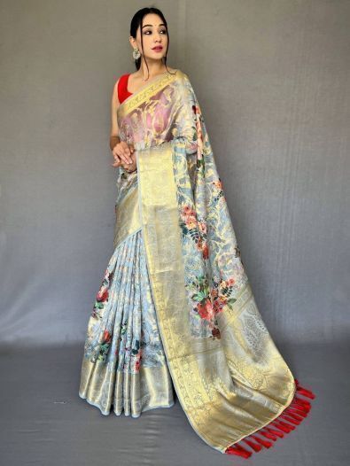 Magnetic Grey Floral Printed Organza Party Wear Saree With Blouse 