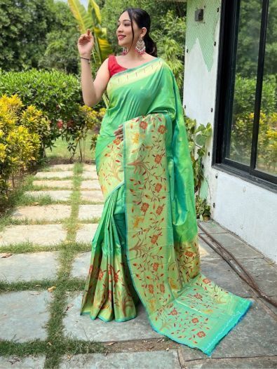 Beautiful Sea Green Woven Paithani Silk Event Wear Saree With Blouse