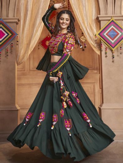 Excellent Green Thread Embroidered Rayon Lehenga Choli With Koti 