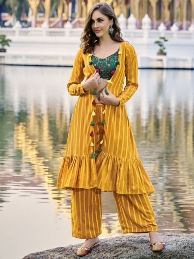Attractive Yellow Embroidered Georgette Palazzo Suit With Jacket