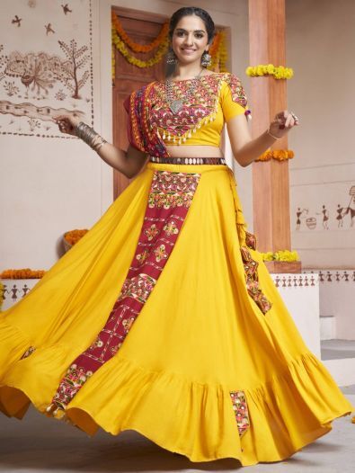 Attractive Yellow Embroidered Work Rayon Navratri Wear Lehenga Choli