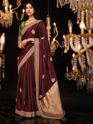 Charming Maroon Embroidered Silk Function Wear Saree With Blouse