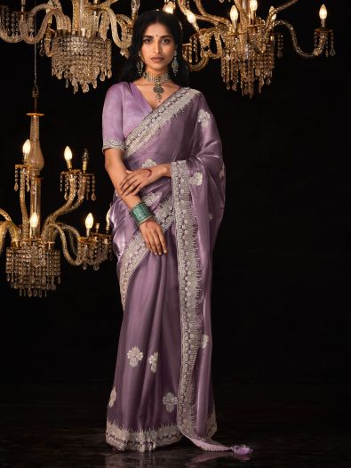 Sweet Lavender Embroidered Silk Reception Wear Saree With Blouse