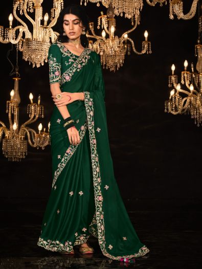 Satisfying Dark Green Embroidered Silk Festival Wear Saree