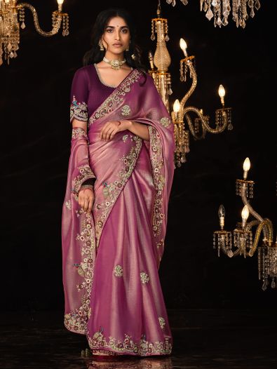 Charming Pink Embroidered Silk Engagement Wear Saree With Blouse 