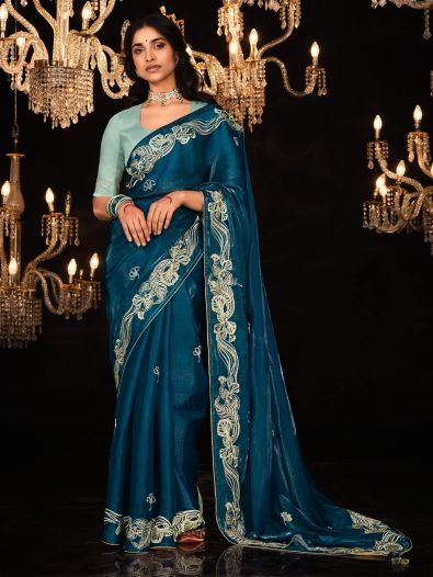 Fascinating Blue Embroidered Silk Wedding Wear Saree With Blouse 