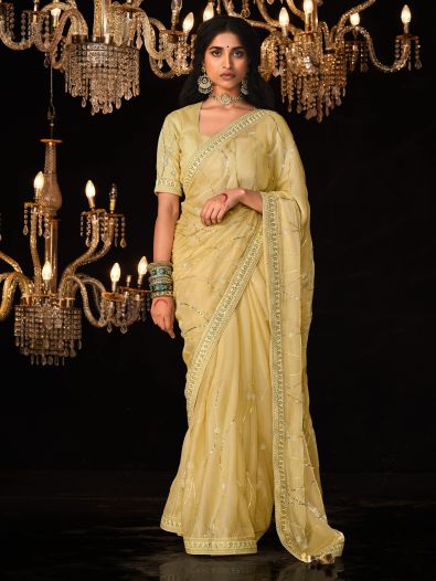 Bewitching Yellow Embroidered Silk Haldi Wear Saree With Blouse 